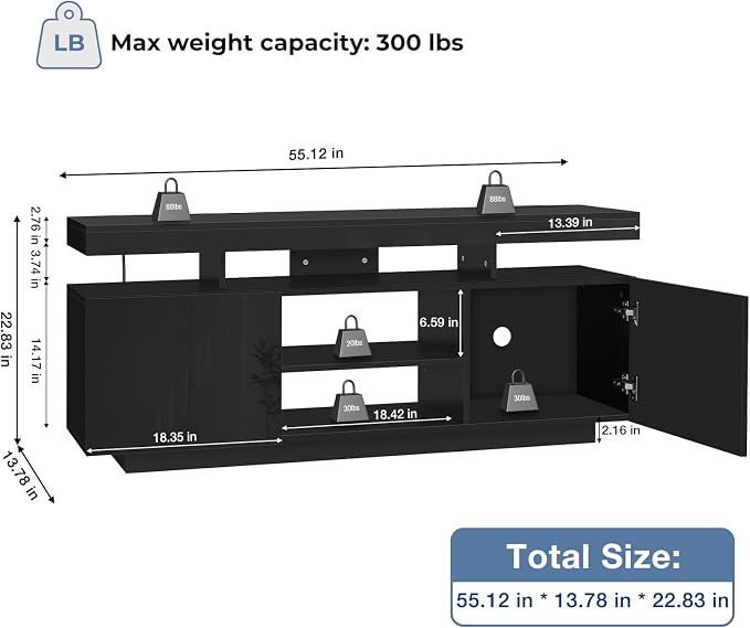 HOMMPA LED TV Stand for 65/60/55 inch TV Modern Entertainment Center with Power Outlets, Gaming TV Consoles with Storage Media Table with LED Lights Game Cabinet for Living Room Black - Image 2