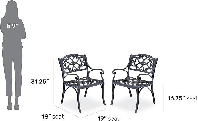Homestyles Sanibel Black Stationary Cast Aluminum Outdoor Dining Chair, 2 Piece Patio Chairs, Set of 2 Garden Chairs with Armrest & Backrest for Garden Patio Pool Beach Yard, Black - Image 8