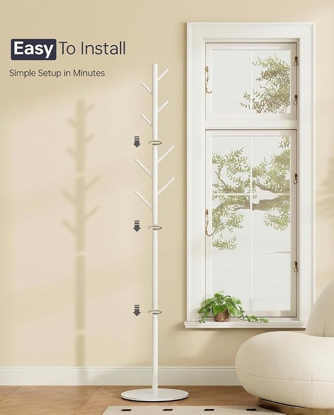 Coat Rack with 8 Hooks, 3 Adjustable Heights, Modern Hall Tree, Sturdy Metal Clothes Stand with Sintered Stone Base for Entryway, Office, Bedroom, for Coats, Hats, Handbags and Scarves, White - Image 7