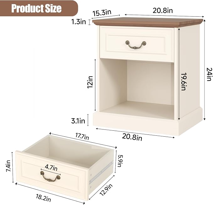 Nightstand Set of 2 with Drawer and Open Shelf, Wooden Bed Side Table for Bedroom, Modern End Table Side Table for Living Room, Small Night Stand Set 2 Furniture for Small Spaces (Beige) - Image 3