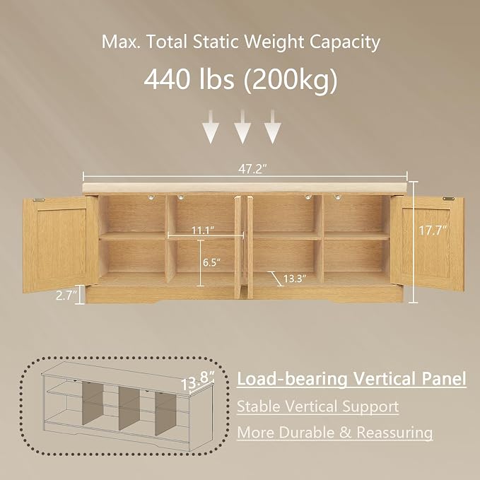 DINZI LVJ Shoe Bench, Entryway Storage Bench with Doors, Cushion, 2-Tier Shoe Rack with 8-Cubby, 47.2”L x 13.8”W Shoe Organizer Cabinet, Adjustable Shelf, Living Room, Bedroom, Natural - Image 4