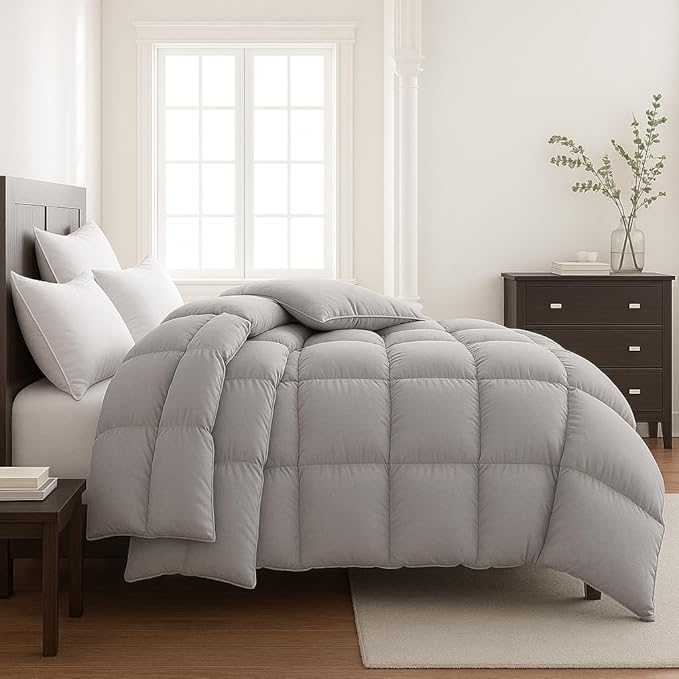 Lavish Comforts® Grey King Comforter – Fluffy Down Alternative Duvet Insert, Light Grey Comforter, All-Season Bedding, Hypoallergenic, Machine Washable, King Duvet Insert w/Corner Loops