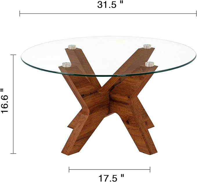 ivinta Round Glass Coffee Table, 31.5" Modern Center Table with Tempered Glass and MDF Legs for Living Room, Office, Tree (Rustic Brown)