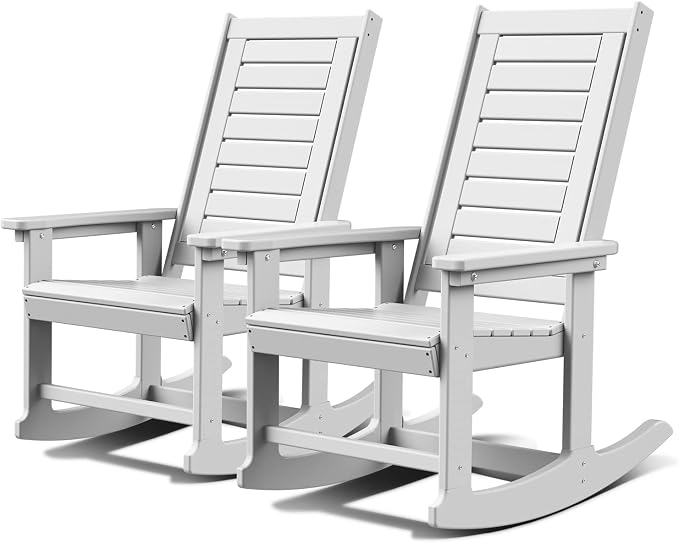 GREENVINES Outdoor Rocking Chairs | Set of 2 | Porch Rocker | HDPE Plastic | White | Oversized Rockers | High Back | Big & Tall | Ladder Back | for Patio Outside Backyard Balcony Garden by GreenVines