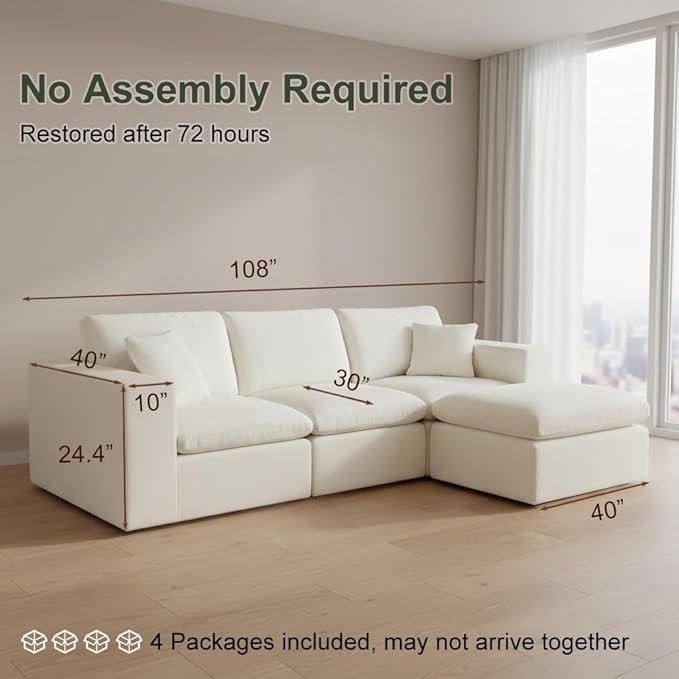 108'' Boneless Sectional Couch Cloud Sofa with Ottoman, Modular Memory Foam Couches for Living Room, Large L Shaped Modern Beige 3 Seater Floor Sofa Set, No Assembly, Comfy Deep Seats | Adjustable Backrest, Deep Seat, High-Resilience Foam, Breathable M...
