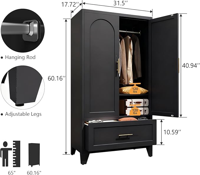 60" Metal Armoire Wardrobe Closet with 1 Drawer, Freestanding Arched 2-Door Tall Clothing Storage with Adjustable Shelves and Hanging Rod for Bedroom Dorm, Black