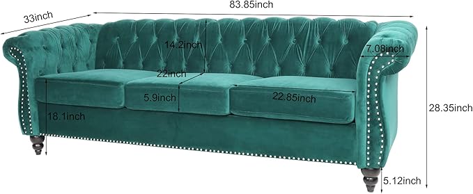 LEVNARY Three-Seat Velvet Sofa, Large Sofa Classic Tufted Chesterfield Settee Modern 3 Seater Couch Furniture Tufted Back for Living Room, Green