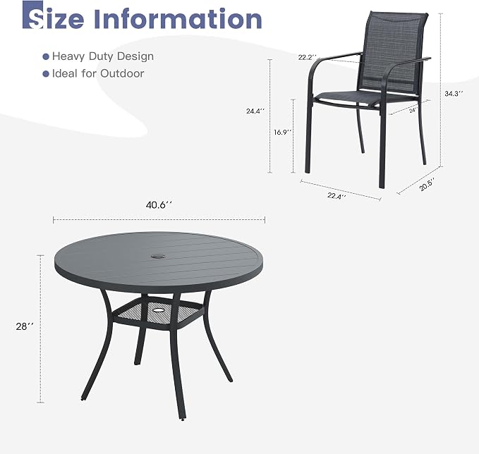 VICLLAX Round Outdoor Dining Set, Patio Table and Chairs Set Set of 4 Patio Stackable Chairs and 40.6" Outdoor Round Table with Umbrella Hole for Lawn Garden, Dark Grey Chairs and Dark Grey Table - Image 7