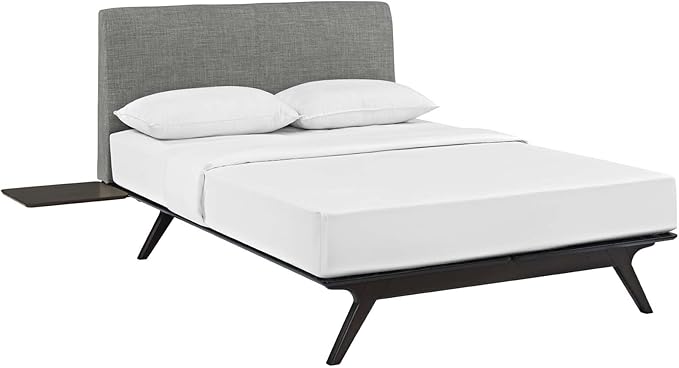Modway Tracy Mid-Century Modern Wood Platform Queen Bed with Two Nightstands in Cappuccino Gray