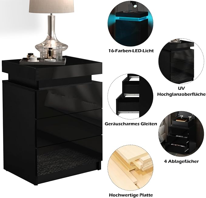 TUKAILAi Modern Nightstands Set of 2 with LED Light, Smart Bedside Table with 3 Drawers and Flip Top Storage Cabinet, High Gloss Side Table End Table for Bedroom (Black) - Image 8