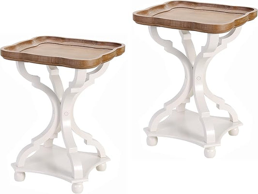 COZAYH Set of 2 Farmhouse Cottagecore End Tables, Rustic Wood Tray Top Square Accent Table with White Curved Legs for Family Room, Living Room, or Small Spaces