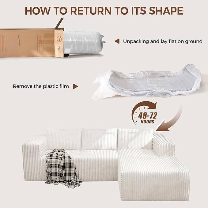 106" Boneless Couches for Living Room, Modular Sectional Sofa, L-Shape Sofa Couches,Cloud Couch Sectional, Comfy Corduroy Sofa, with Deep Seat, No Assembly Required (White, 94"+Right Facing Chaise)