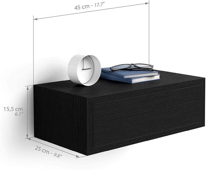 Mobili Fiver, Riccardo Floating nightstand, Ashwood Black, 17.7" x 9.8" x 6.1 ", Melamine-Finished, Modern Bedside Table, End Table, Italian Furniture - Image 3
