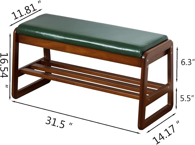 Solid Wood Shoe Bench, 2-Tier Entryway Bench with Cushion and Flip-Open Storage Box, Mid-Century Modern Shoe Bench Rack for Hallway, Mudroom(Green, 31.5'') - Image 2