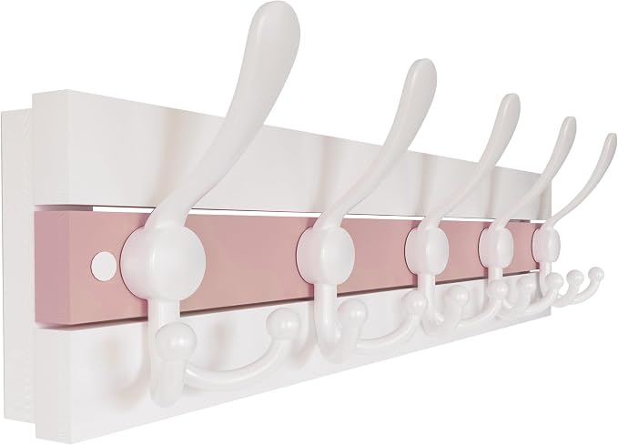 SKOLOO Coastal Wall Mounted Coat Rack - 16-7/8" Beach House Entryway Wooden Coat Hook with 5 Hooks for Hanging Coats, Hats or Towels, Oceanfront Cottage Core Collection, White & Palm Beach Pink by SKOLOO