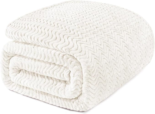 Exclusivo Mezcla Twin Blanket for Bed, Cozy Lightweight Fleece Blankets for All Season, Decorative Giftable Fuzzy Plush Wave Textured Suitable for Women, Men, Ivory, 90x66 Inches