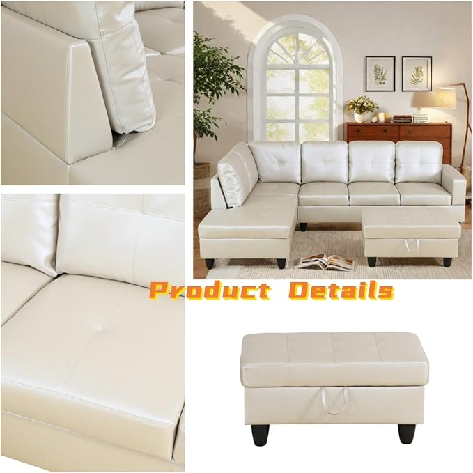 FONTOI L Shaped Sectional Couch with Otttoman, 97" Leather Sectional Sofa for Living Room Modular Couches with Cup Holders for Bedroom, Apartments, Light Grey