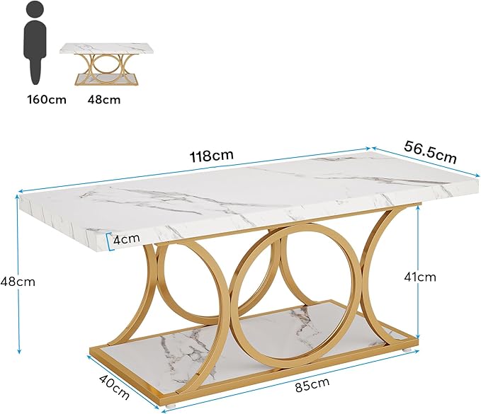 Tribesigns Rectangle Coffee Table, 46.45-inch Modern Coffee Tables for Living Room, 2-Tier Faux Marble Wood Coffee Table with Geometric Legs, Furniture with Storage Shelf (White & Gold)
