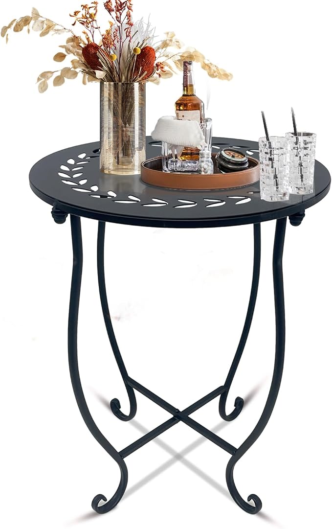 Round Side Table, 1 Pack 14 Inch Bedside Table for Living Room, Bedroom, Weather Resistant Black Metal Outdoor Side Table for Patio Balcony Yard Porch Garden, Plant Stand for Indoor Outdoor Use by Aonagi