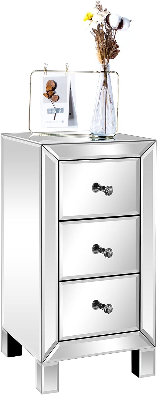 Bonnlo 3-Drawer Mirrored Nightstand End Table Bedside Table for Bedroom, Living Room, Silver, 11.7" L x 11.8" W x 23.8" H - Image 3