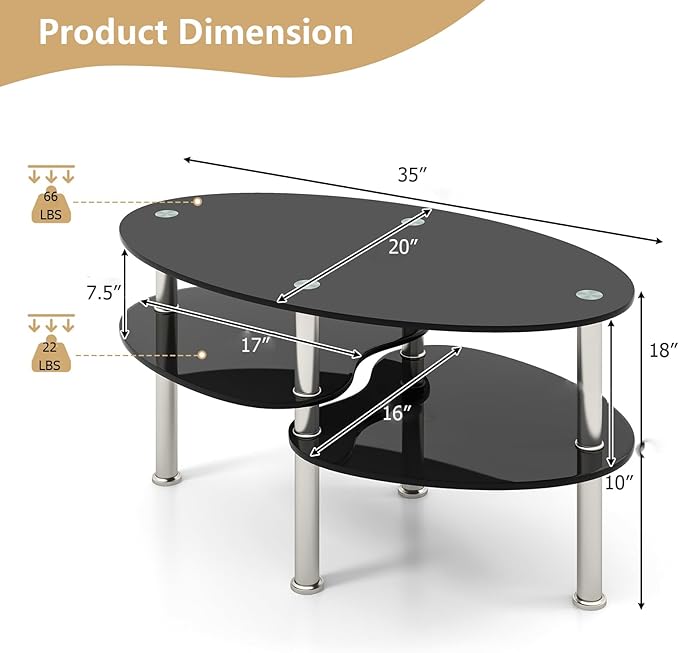 Giantex Oval Glass Coffee Table - 3-Tier Transparent Tempered Glass Table W/Sturdy Chrome Plated Legs, Small Sofa Side Table, End Table for Living Room, Bedroom, Office, 35"× 20" ×18" (Black)