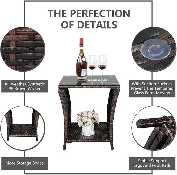 VINGLI Outdoor Wicker Side Table Patio Side Tables for Outside, Tempered Glass Top Wicker Table with Storage End Table for Balcony Porch Deck (Brown) - Image 4