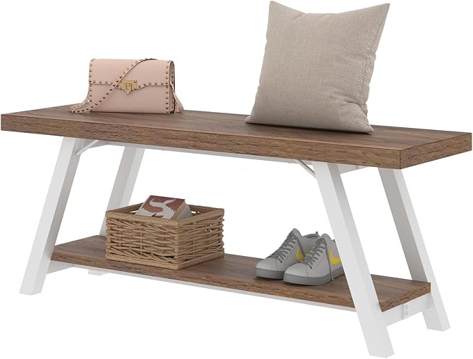 LVB Rustic Entryway Bench, Farmhouse Wood Indoor Shoe Bench with Storage in Bedroom End of Bed, Industrial Metal Foyer Shoe Rack Bench Seating for Hallway Living Dining Room, White Rustic Oak, 47 Inch by LVB