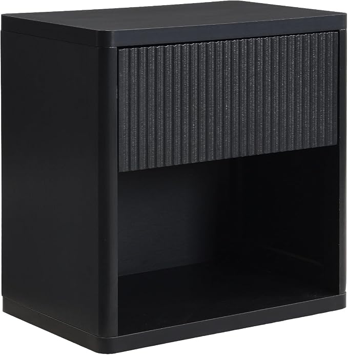 XIAO WEI 22.8" Wide Black Fluted Nightstands with Hidden Drawer, Mid Century Modern Bedside Table with Open Shelf, Large Accent End Table, Curved Profile Design - Image 8
