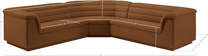 Meridian Furniture 194Saddle-Sectional Cascade Collection Modern | Contemporary Modular Sectional with Soft Saddle Velvet Fabric, Deep Channel Tufting, Curved Arms, 148" W x 80" D x 28" H, Saddle