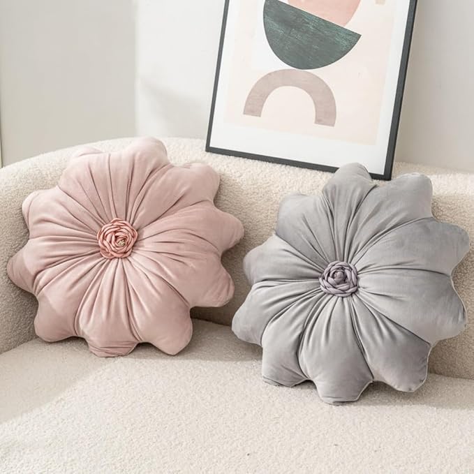 Flower Pillow Cushion Round Decorative Throw Pillow 15.7 Velvet Flower Shaped Pillow for Sofa Couch Vanity Chair Bed (Dark Green)