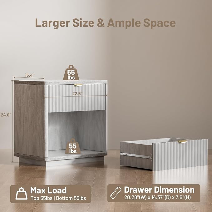 Nightstands Set of 2, Nightstand with Drawers Bedside Table End Table, Modern Fluted Nightstand Bed Side Table for Bedroom Living Room (Gray) - Image 2