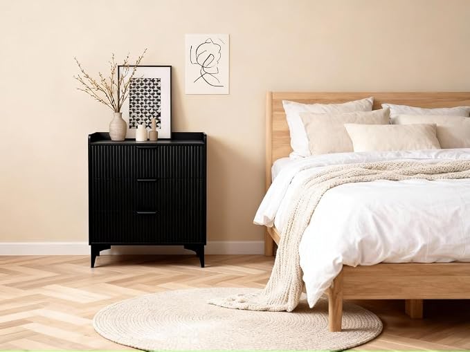 Modern Fluted Wood 3-Drawer Tall Nightstand, 30'' High Bedside Table for King or Queen Beds, Narrow Storage Cabinet for Bedroom, Black - Image 7