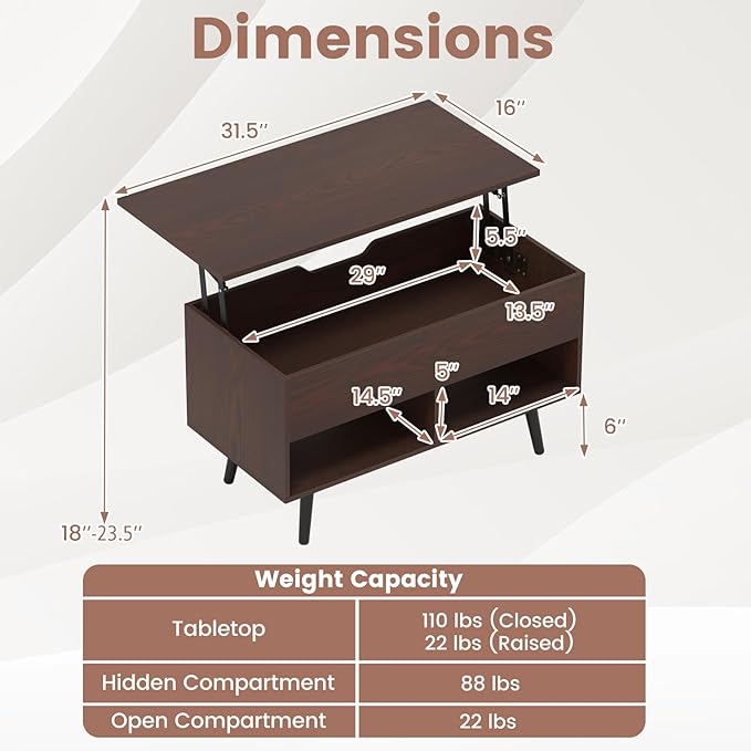 Tangkula Lift Top Coffee Table, Modern Cocktail Table with Hidden Compartment & 2 Open Shelves, Flip Top Center Table, Wooden Pull up Coffee Table for Living Room, Reception Room, Office (Brown)