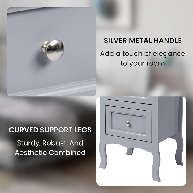 Karl home Grey Nightstand Set of 2 for Bedroom, Vintage Small Night Stand with Drawers, Farmhouse Side Table, Wooden End Tables with Curved Legs for Office, Mid-Century - Image 6