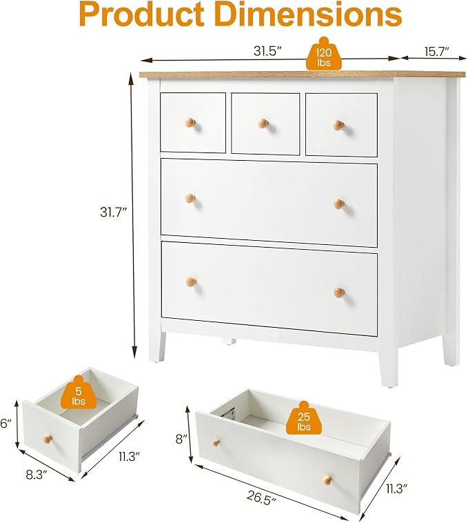 RoyalCraft Large Nightstand with 5 Drawers, White Nightstand for Bedroom, Modern Wood Bedside Table with Solid Wood Knobs, Accent Side Table for Hallway - Image 2