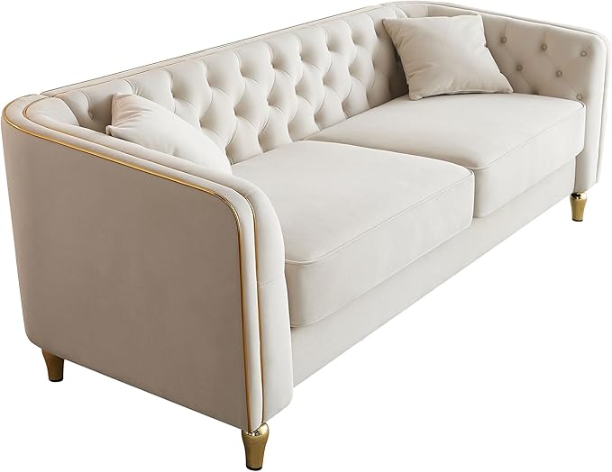 KEIKI 87" Chesterfield Velvet Button Tufted Sofa with High Density Foam Cushions, Modern Style 3-Seater Couch with Gold Strip Trim Decoration, Easy Assembly, for Apartment, Living Room, Office, Beige