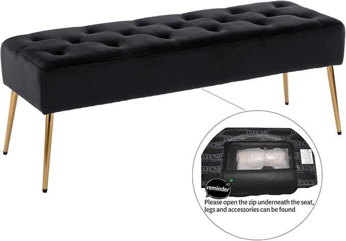 DUHOME Button-Tufted Ottoman Bench, Upholstered Bedroom Benches Velvet Footrest Stool Accent Bench for Entryway Dining Room Living Room Bedroom End of Bed, Black - Image 5