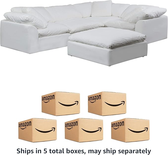 Sunset Trading Contemporary Puff 5PC Performance Fabric Washable Water-Resistant Stain-Proof White Slipcovered Modular L-Shaped Sectional Sofa with Ottoman, Deep-Seat Down-Fill