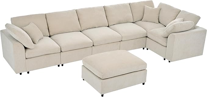 ERYE Oversized Modular Chenille Upholstered Sectional Sofa with Movable Ottoman, 7 Seaters Modular Convertible Couch Spacious Living Room Sofa for Home House Apartment