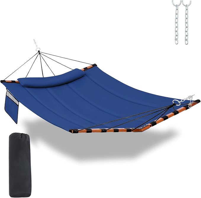 TegerDeger 12FT 2 Person Hammock Large Hammock 450LB Capacity with V Shaped Hardwood Spreader Bar & Nylon Rope for Outside, Patio, Garden, Backyard, Beach, Poolside - Blue by Tegerdeger