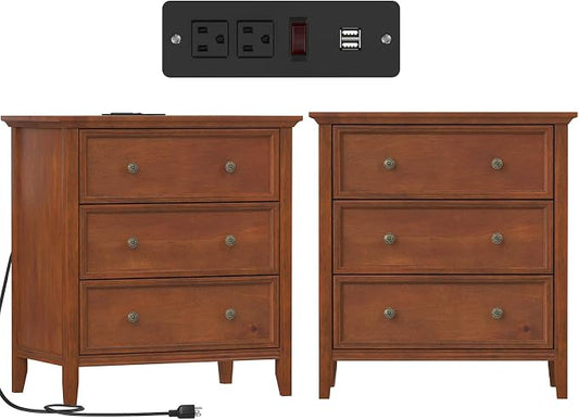 IKENO 3 Drawer Nightstand with Charging Station, Solid Wood Set of 2, End Table with USB Ports & Outlets, Modern Bedside Table with Storage Drawers for Bedroom, Living Room, Caramel by IKENO