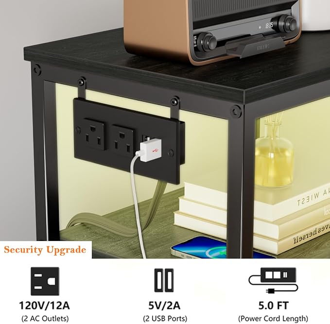 Furnulem Dresser for Bedroom, Tall Nightstand, Vertical Chest with Wood Top, Charging Station, LED Lights, 5 Fabric Bins, Bedside Table with Shelf, Furniture for Entryway (5 Drawer, Black Oak) - Image 9