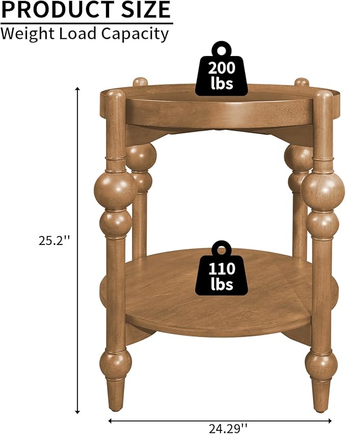 23" Round End Table with Solid Wood Frame, Small Side Table with Wood Shelf for Living Room Small Space Office Apartment, Natural