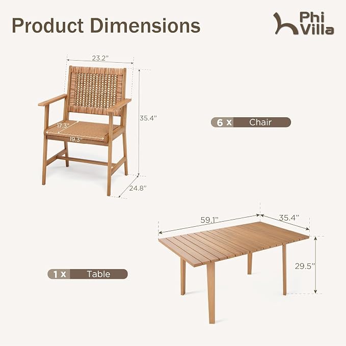 PHI VILLA 7 Pieces Acacia Wood Outdoor Dining Set for 6, Teak Large Wooden Table & Chairs with Wicker Seat and Back, Farmhouse Dining Furniture Set for Patio, Deck, Yard, Porch - Image 8