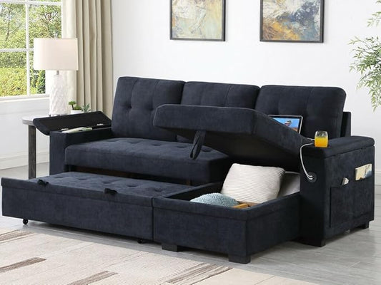 ERYE 84-Inch Multifunctional L-Shaped Sleeper Sectional Sofa with Reversible Storage Chaise, Tufted Corner Pull Out Sleeper Couch Bed W/Cupholders,USB-C Ports and Storage Armrests