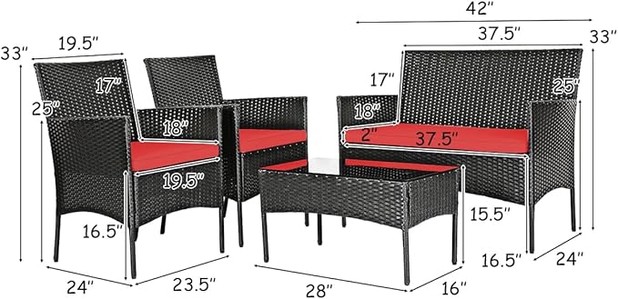 8 Pieces Patio Furniture Set, Outdoor Conversation Set with Ergonomic Curved Backrest, Patio Chair Set with Water-Resistant Cushion & Tempered Glass Table for Balcony,Porch,Poolside(Red)