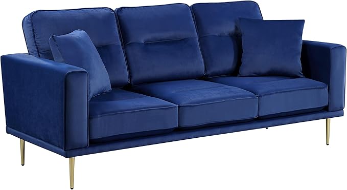 Lexicon Velvet Sofa Couch, Modern Couches, Metal Seat Base Metal Legs with Gold-Tone Finish, 82 inch Sofa with 2 Throw Pillows, 3 Seater Couches for Living Room, Bedroom, Apartment, Blue