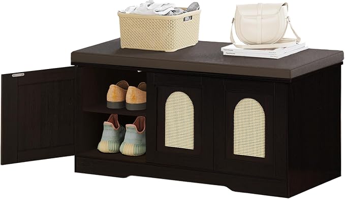 DINZI LVJ Shoe Bench, Entryway Storage Bench with Doors, Cushion, 2-Tier Shoe Rack with 6-Cubby, 39.4”L x 13.8”W Shoe Organizer Cabinet, Adjustable Shelf, Living Room, Bedroom, Espresso with Rattan by DINZILVJ