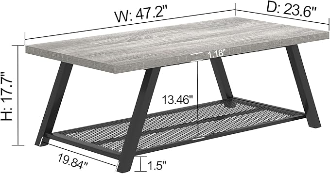 FOLUBAN Industrial Coffee Tables for Living Room with Storage, Rustic Wood and Metal Coffee Table, Modern Rectangle Center Cocktail Tea Table, Light Grey, 47 Inch