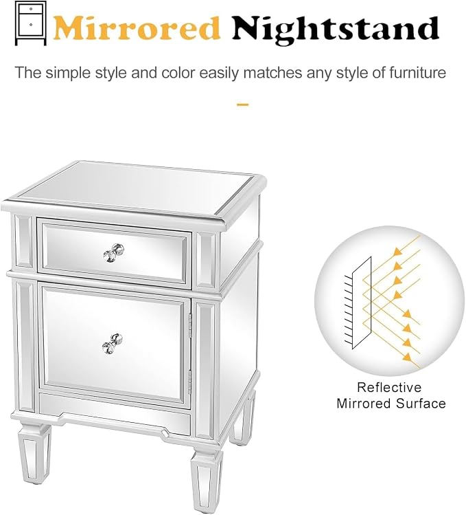 VINGLI Modern Nightstand Mirrored Bedside Table with 1 Drawer and 1 Cabinet Door for Bedroom, Silver - Image 5